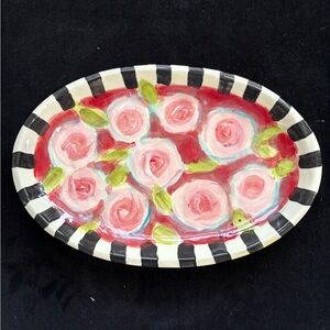 Handmade Ceramic Serving Tray “ Peonies On Scarlet Design “12”x8” Original